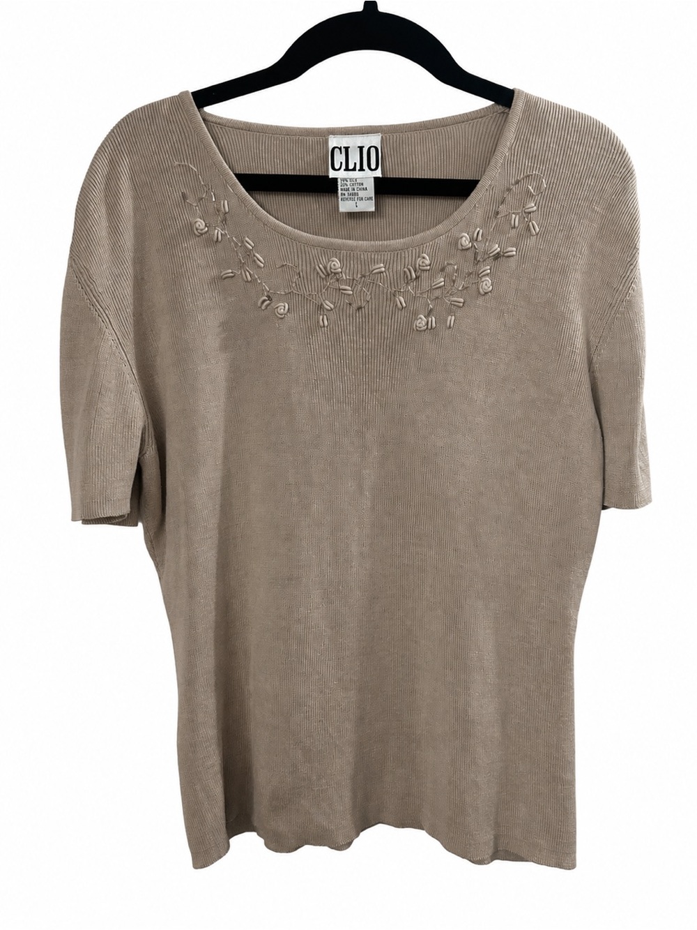 Women's Silk / Cotton Blend Embroidered Tan Short-Sleeve Sweater Top